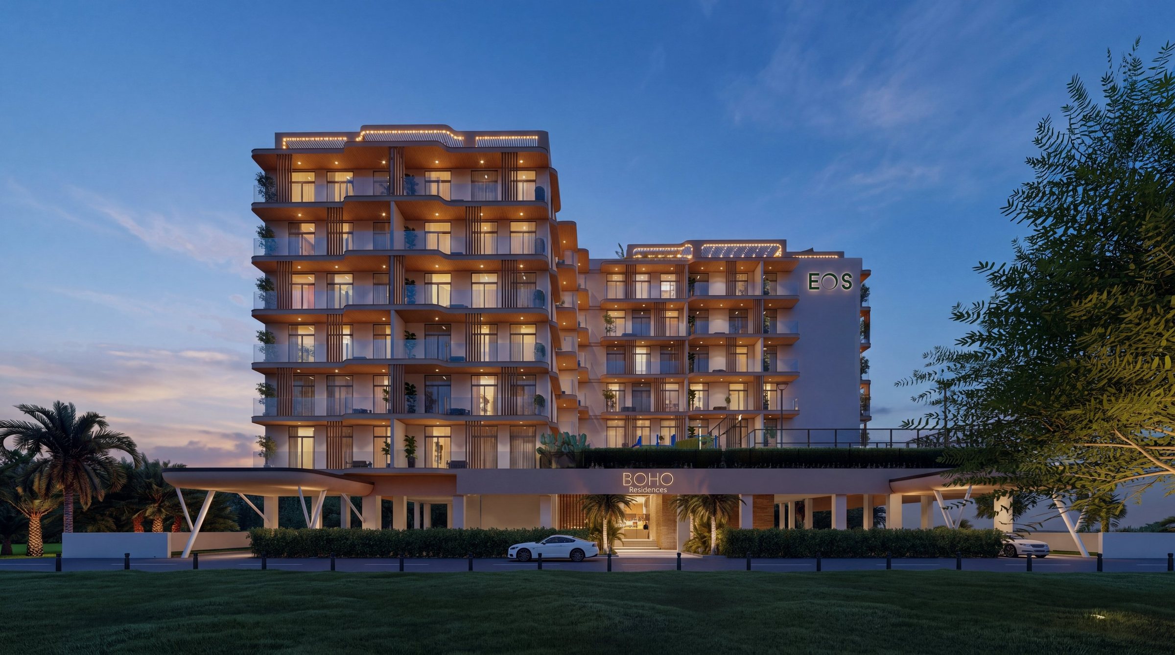 Boho Residences front elevation at dusk