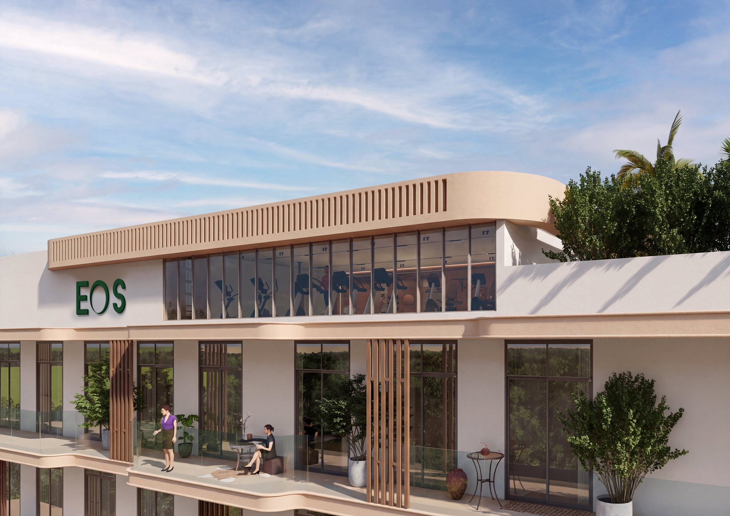 The podium terrace and gym by day, with the EOS mark on the podium wall