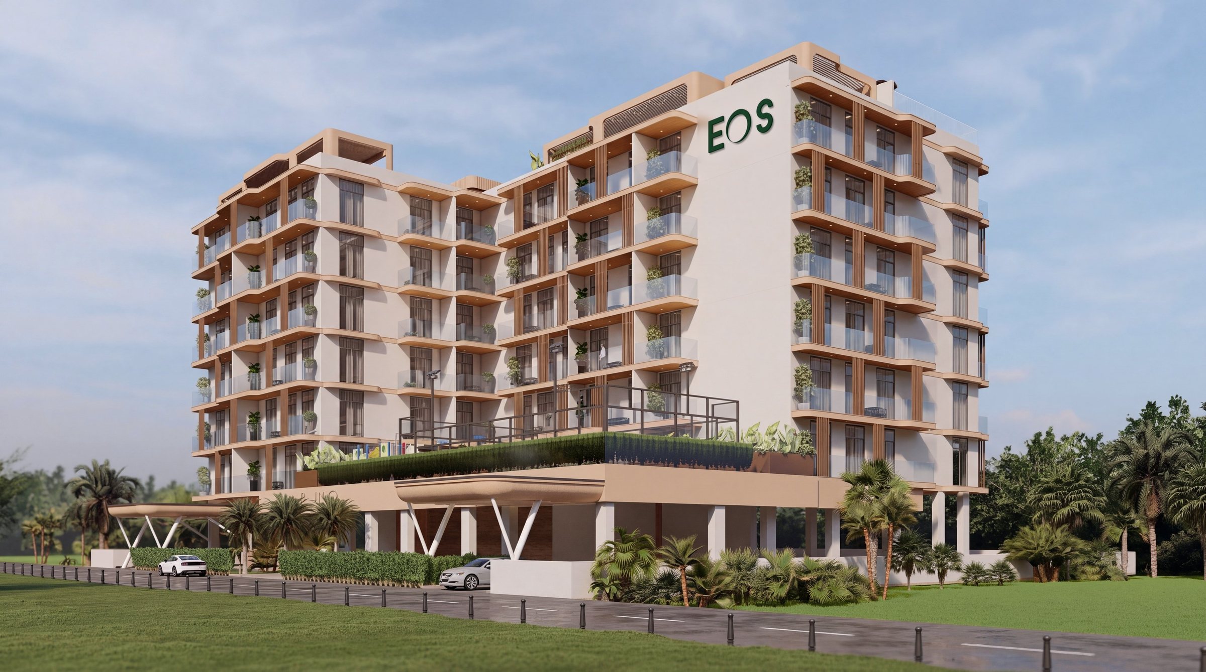 Boho Residences by day: both towers and the podium, with the EOS mark on the tower wall