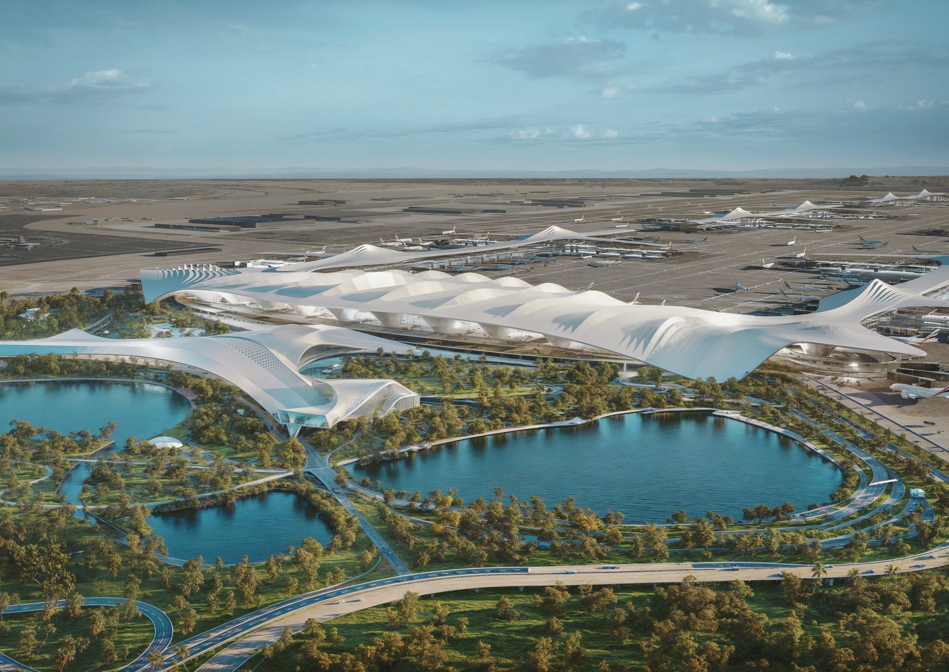 Aerial view of Al Maktoum International Airport and Dubai South