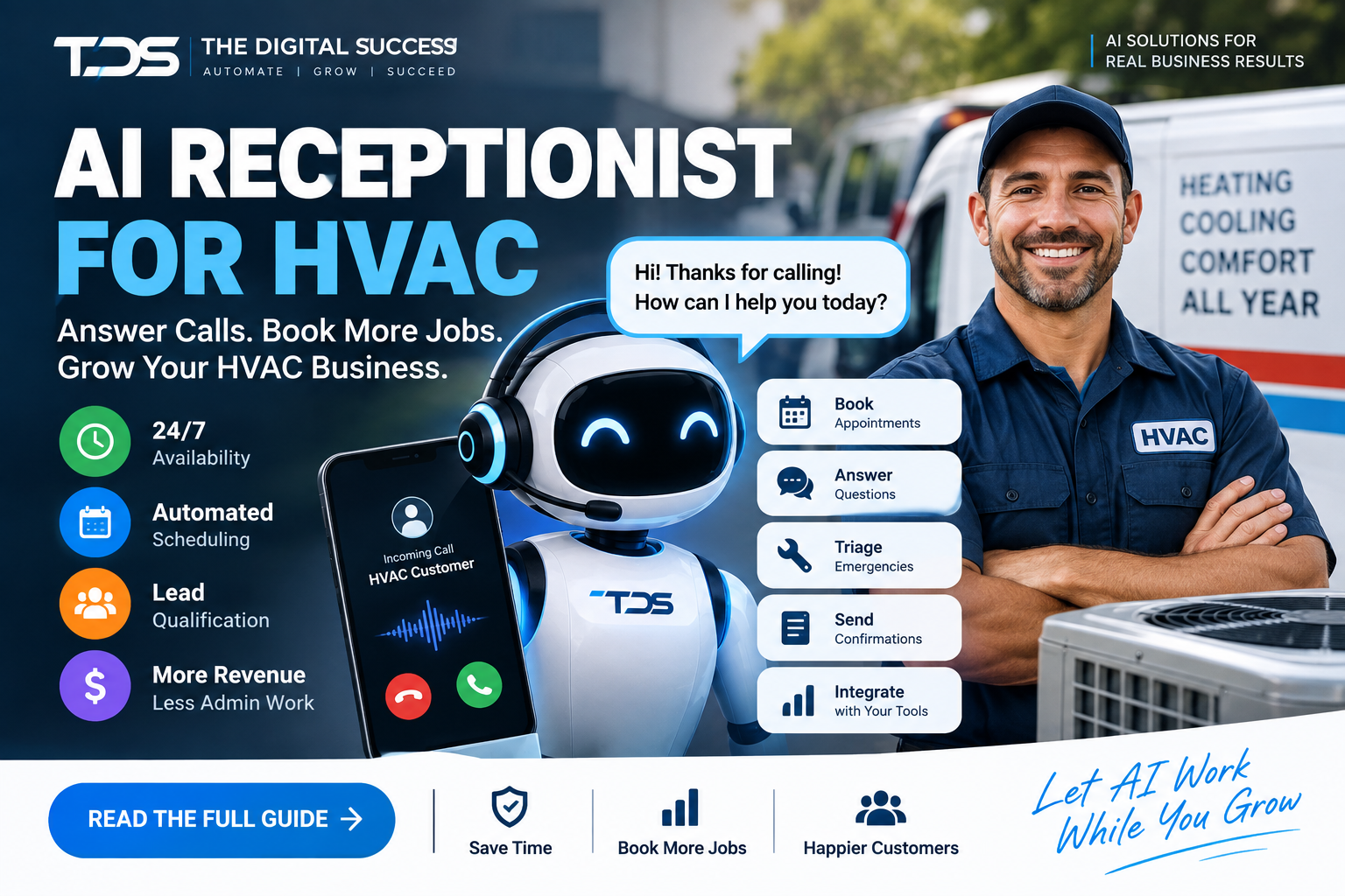 AI receptionist for HVAC answering customer calls, booking appointments, qualifying leads, and supporting a professional HVAC technician 24/7. AI receptionist for HVAC answering customer calls, booking appointments, qualifying leads, and supporting a professional HVAC technician 24/7.