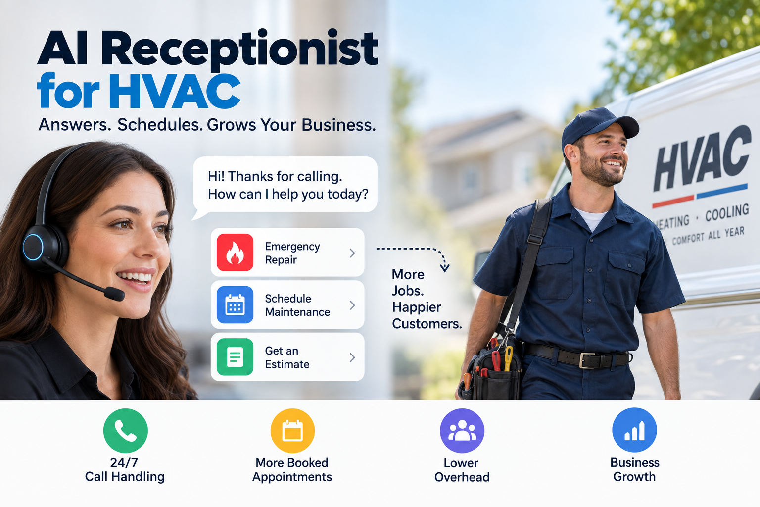 HVAC technician servicing an air conditioning unit while an AI receptionist handles customer calls and appointment scheduling. HVAC technician servicing an air conditioning unit while an AI receptionist handles customer calls and appointment scheduling.