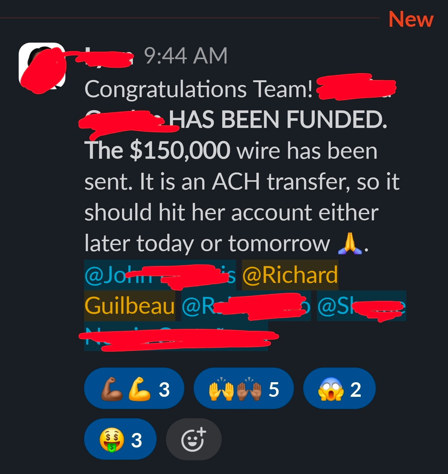 $150,000 funded — wire sent