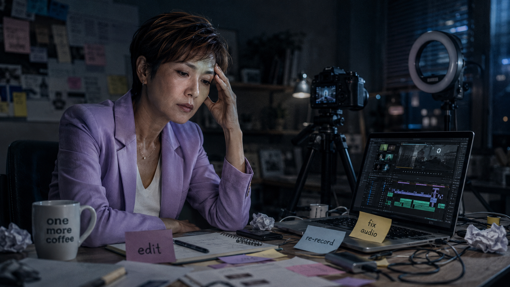 A creator overwhelmed by cameras, cables and an endless edit-record-upload-repeat workload, working late at night.
