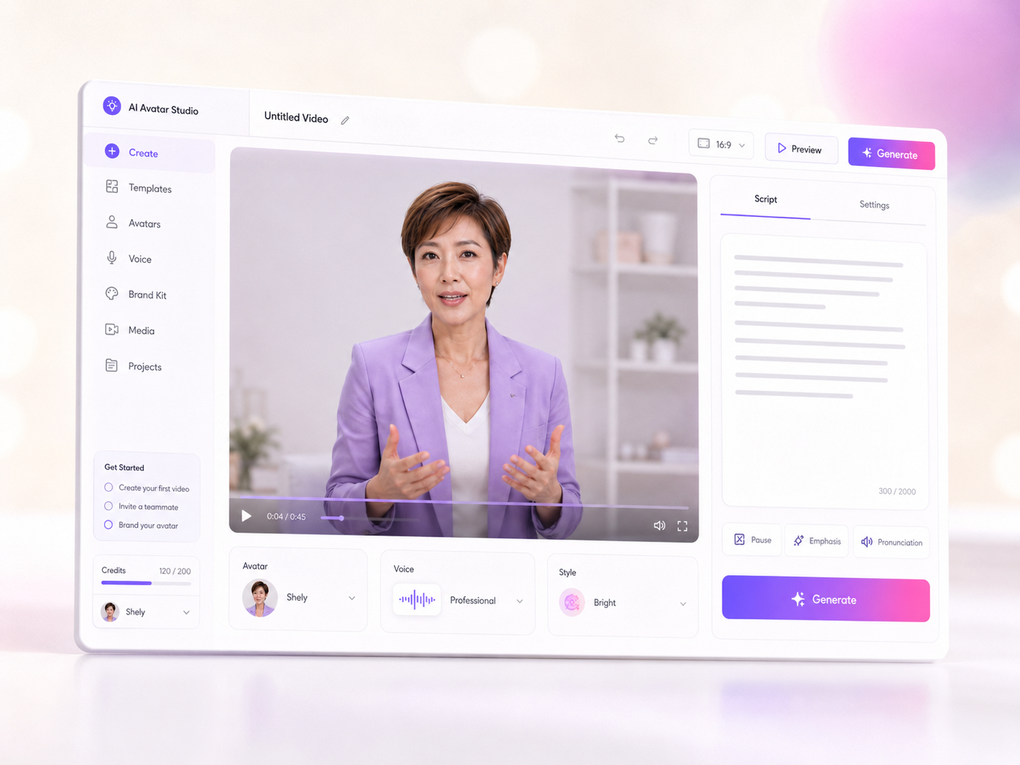 An AI Avatar of Shely presenting to camera inside the AI Avatar Studio app, with a Generate button, script panel, and avatar, voice and style controls.
