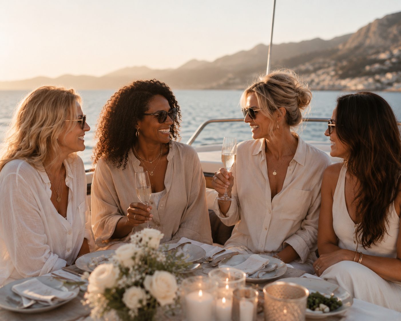 Four women raising a glass together at a table aboard a yacht at golden hour.