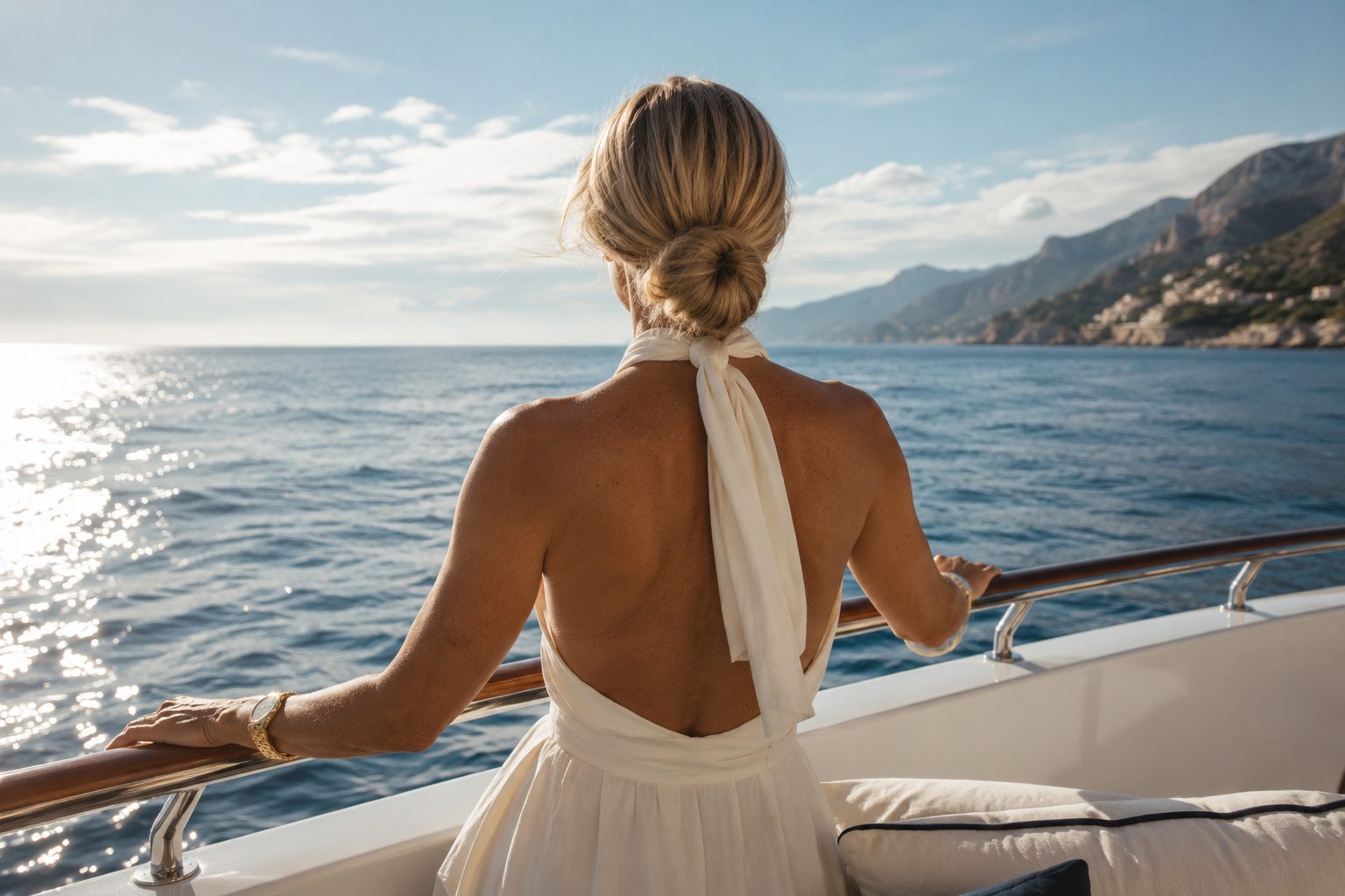 A woman at the rail of a yacht, looking out over open water.