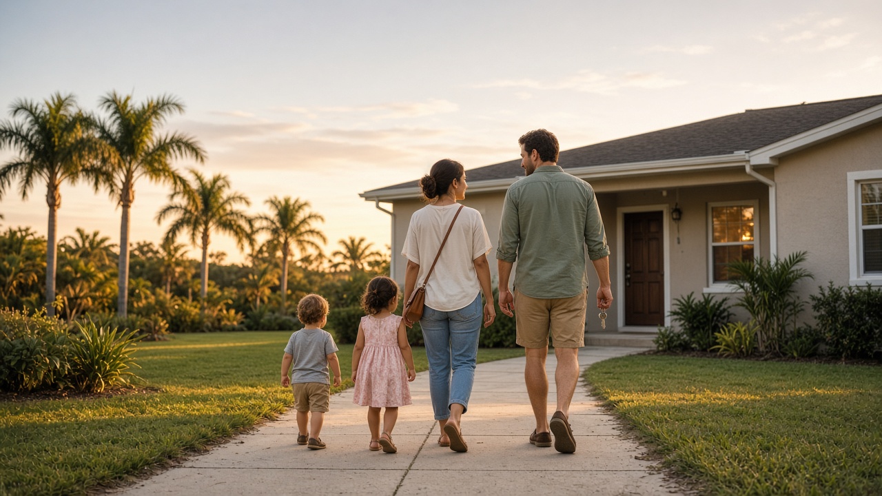 A buyer walking up to a Central Florida home at sunset