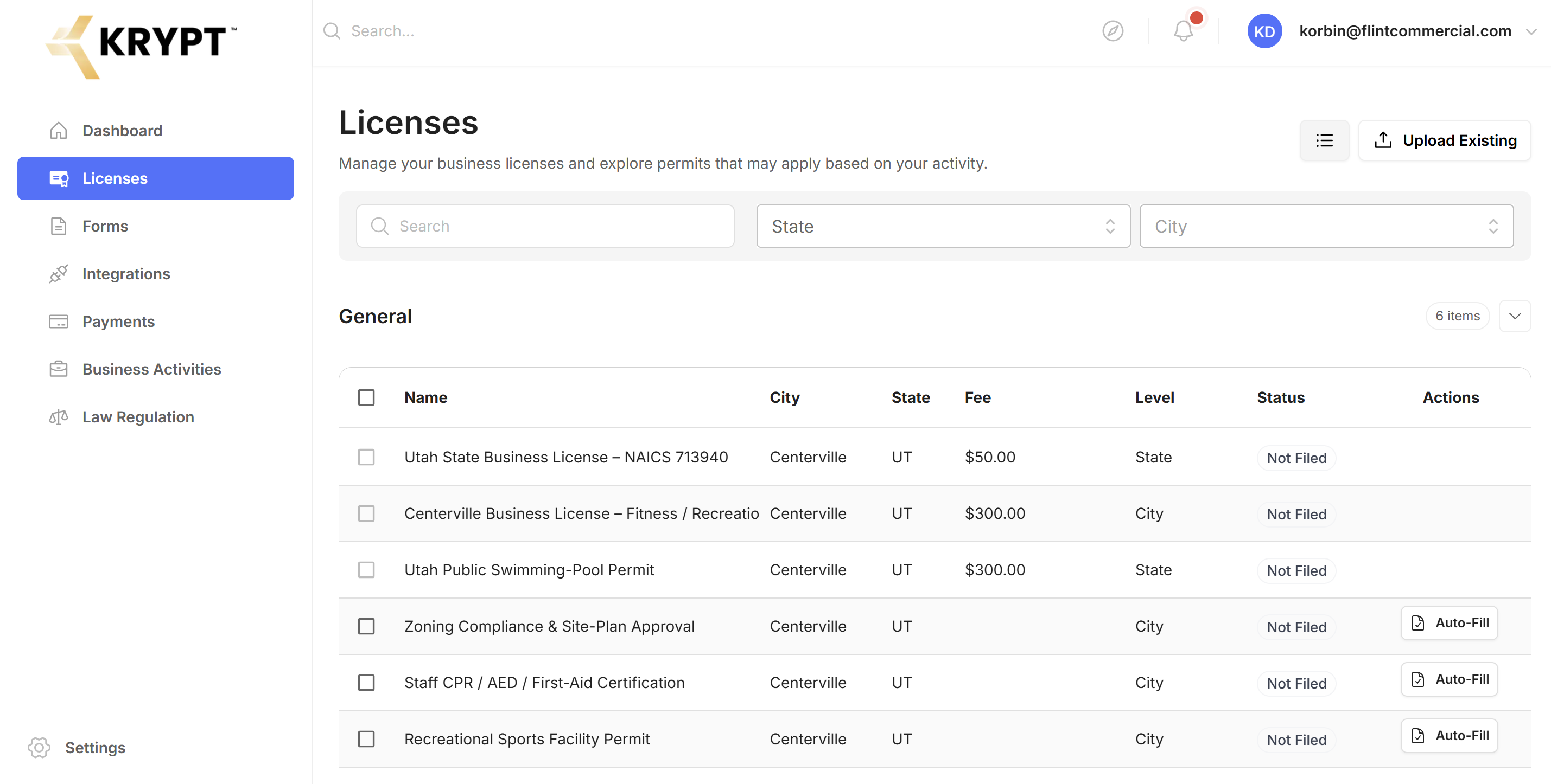 License tracking table with per-license status, fees, and jurisdiction level