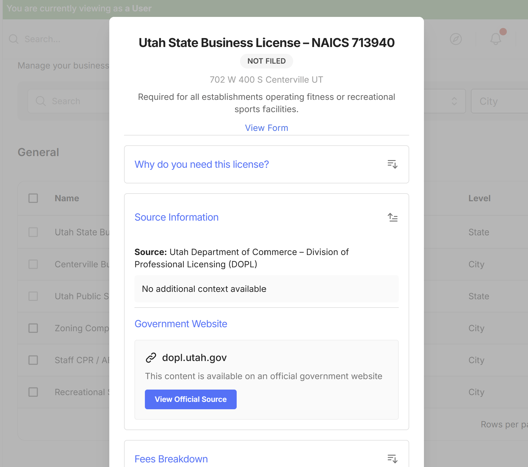 License detail view with issuing authority, official government source, and fee breakdown