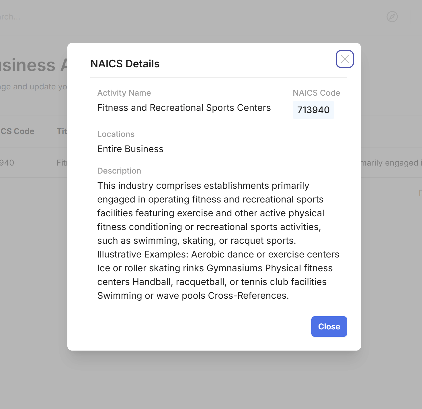NAICS code lookup with plain-language activity classification