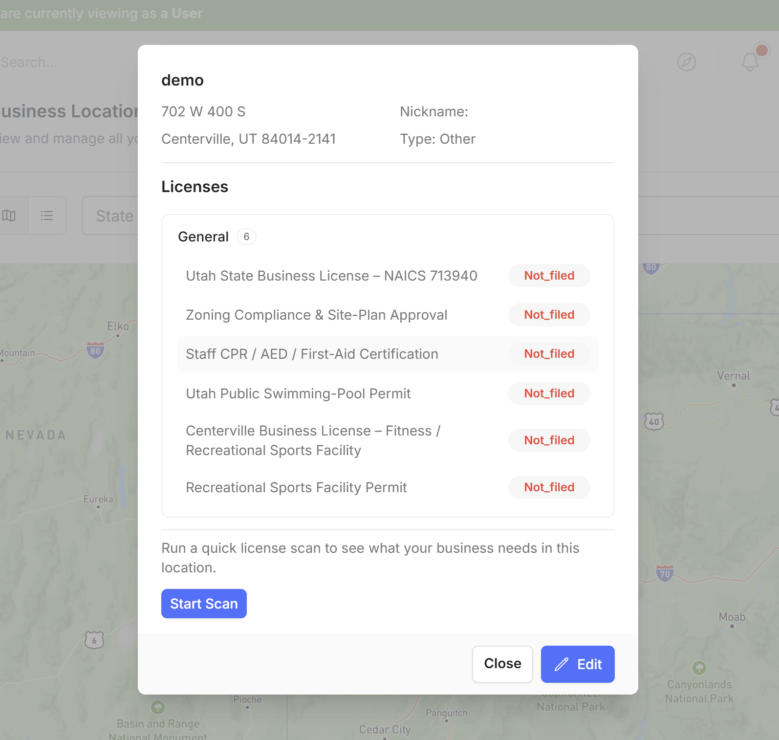 Location scan results listing every required license for a single address