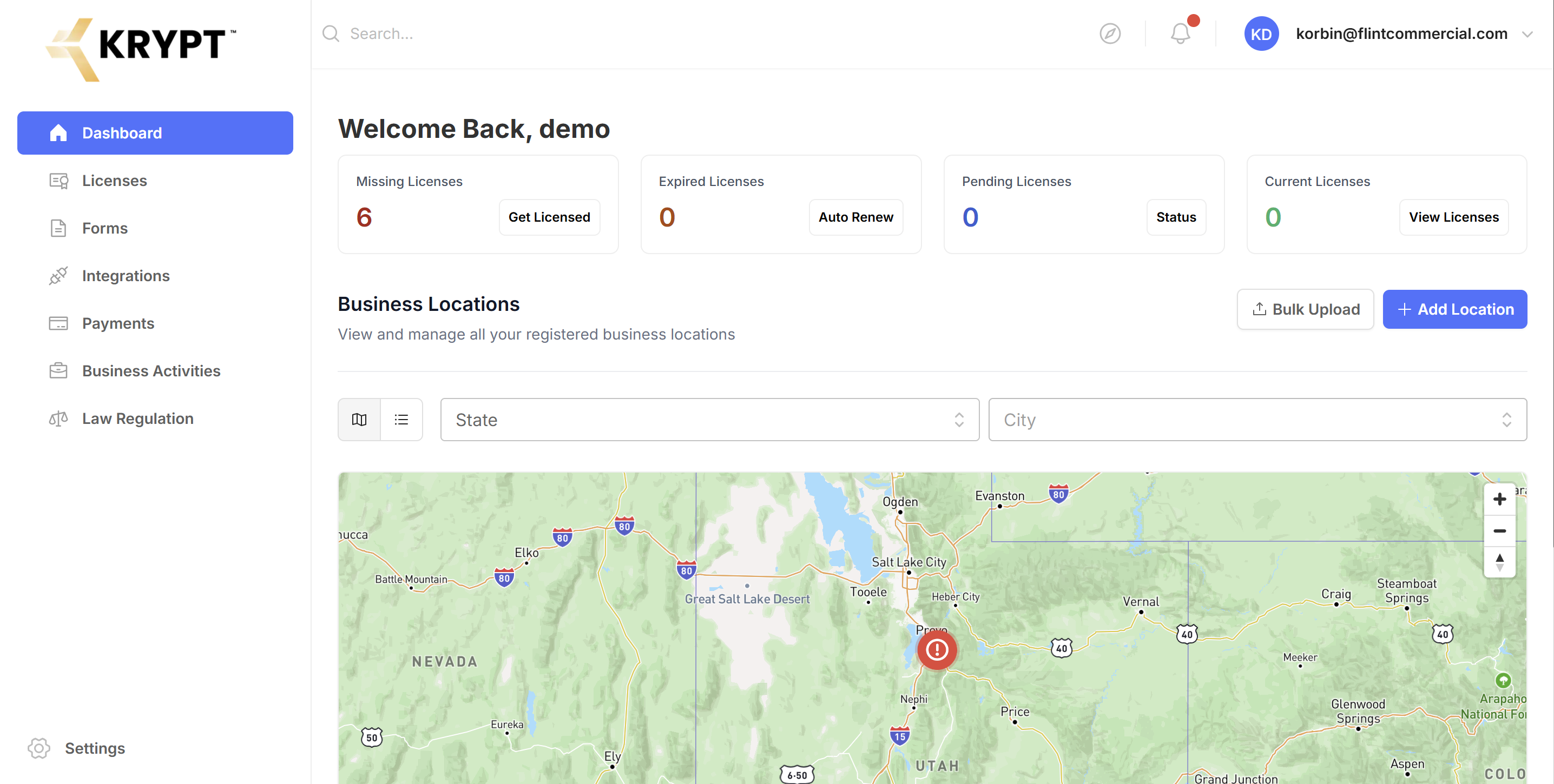 Krypt compliance dashboard — interactive map of business locations with live license status counts