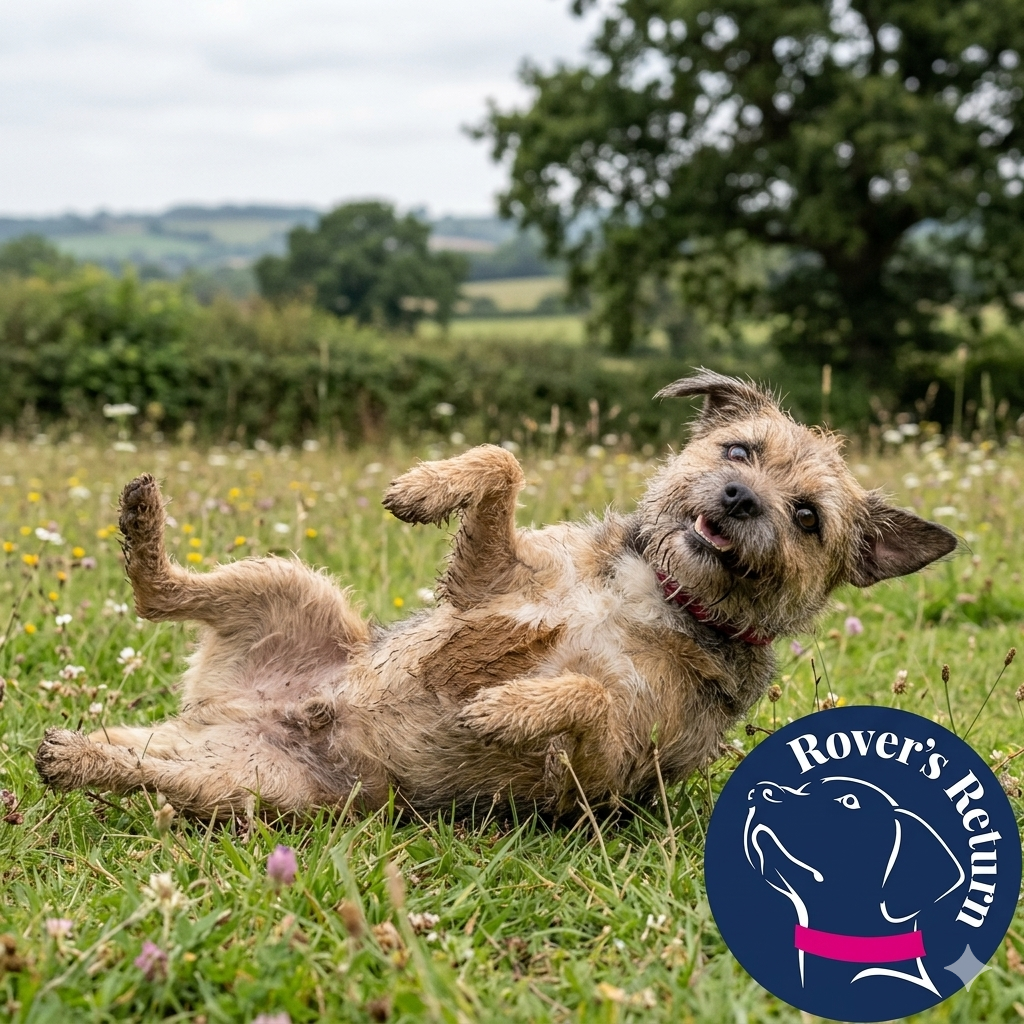 Border Terrier dog rolling in fox poo