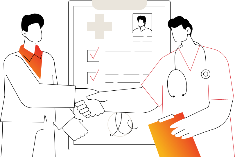 Illustration of a doctor and patient shaking hands in front of a medical clipboard