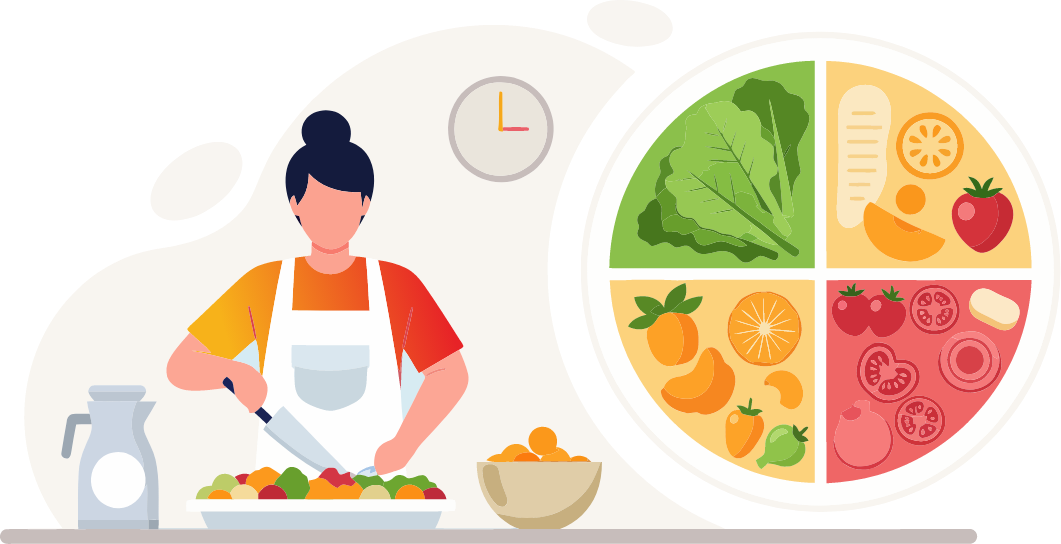 Illustration of a person preparing a healthy meal alongside a portion-plate diagram