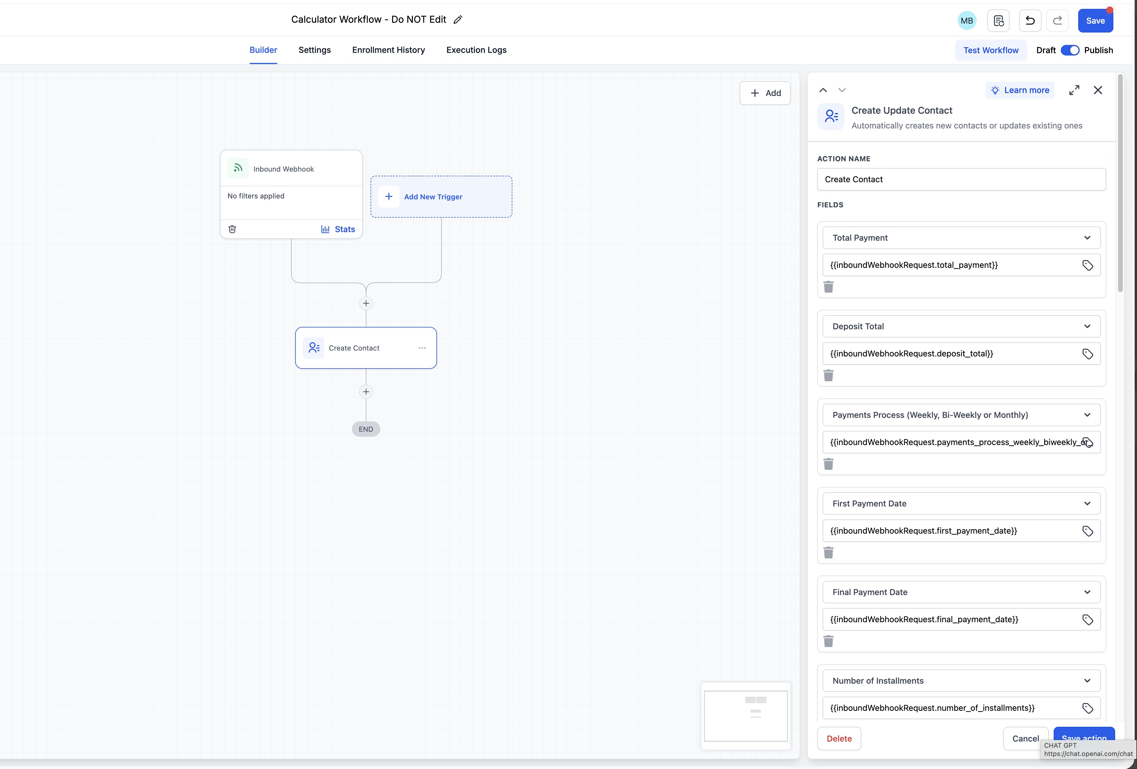 GHL contact field webhook link