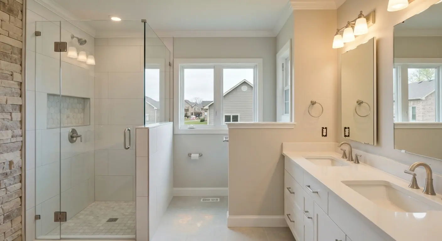 Spa-style bathroom with walk-in shower and vanity
