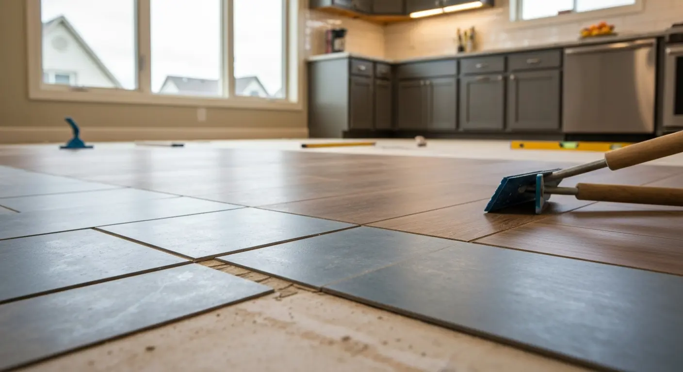 Kitchen flooring installation with tile and wood-look planks