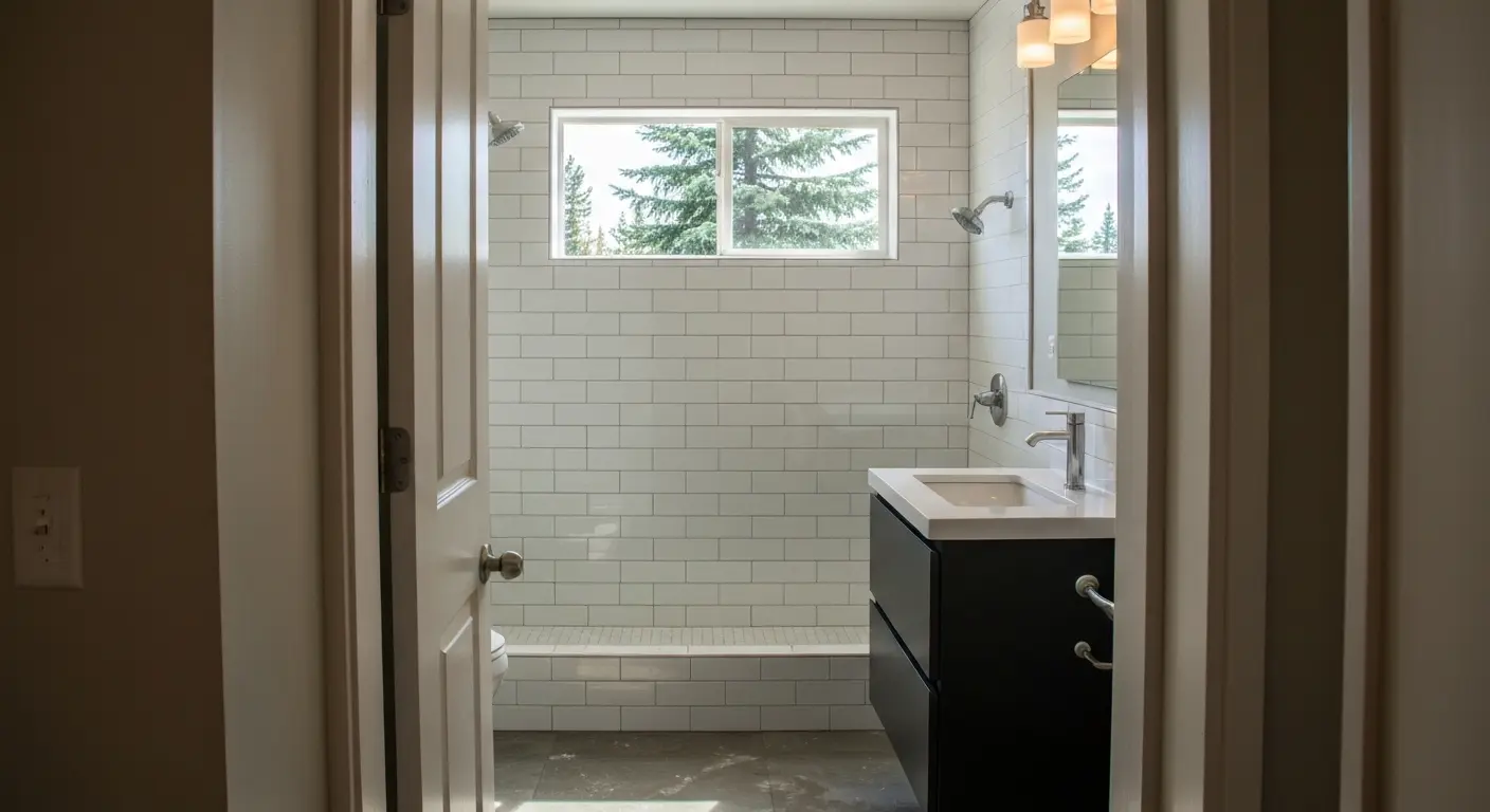 Modern bathroom remodel with tile and vanity