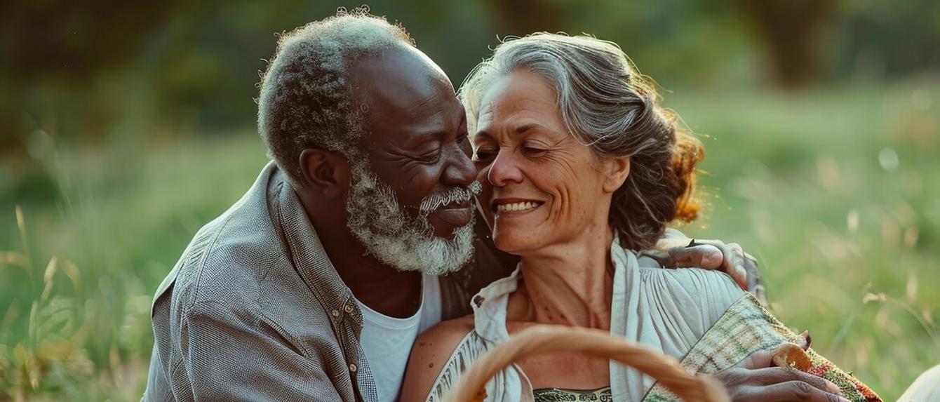 Elderly couple embracing warmly
