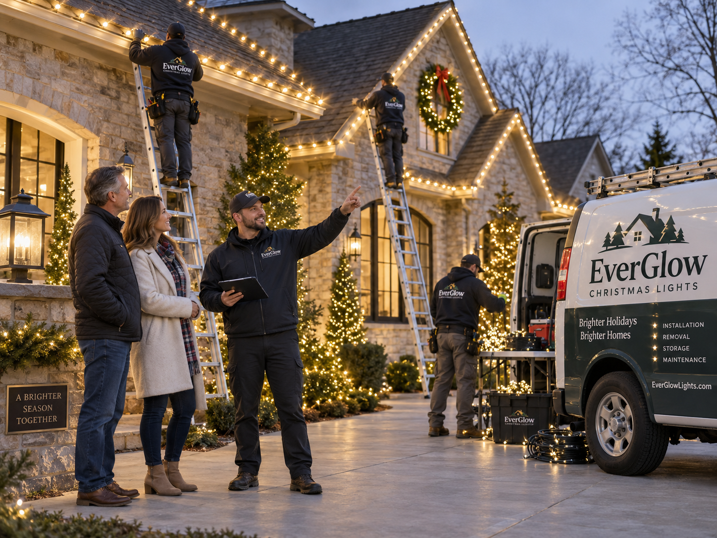 Christmas lights installers talking with a couple Christmas lights installers talking with a couple