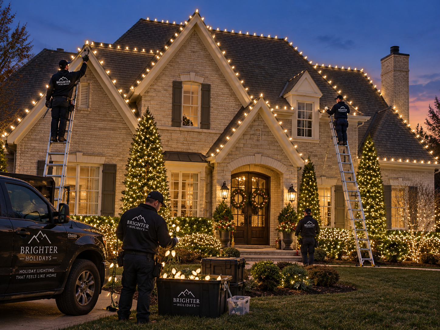 Christmas lights professional installing lights on a house
