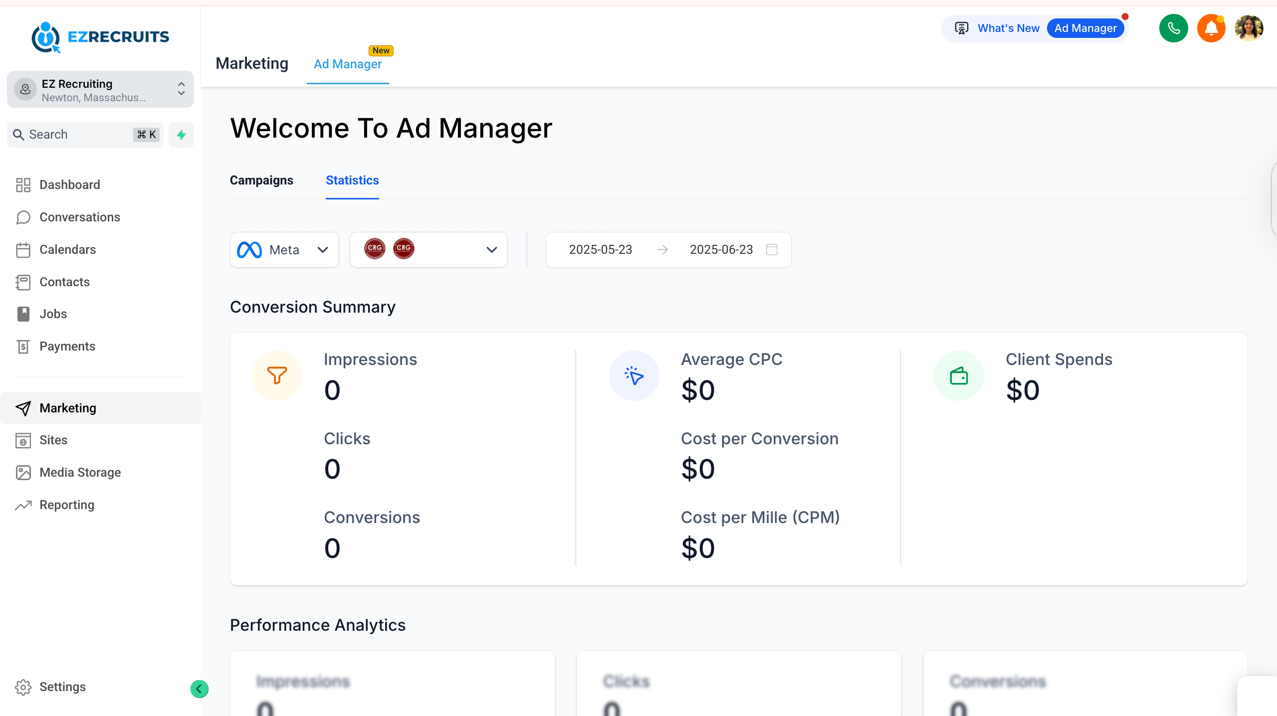 EZ Recruits campaign manager dashboard showing recruiting campaign spend, cost per candidate and performance analytics.