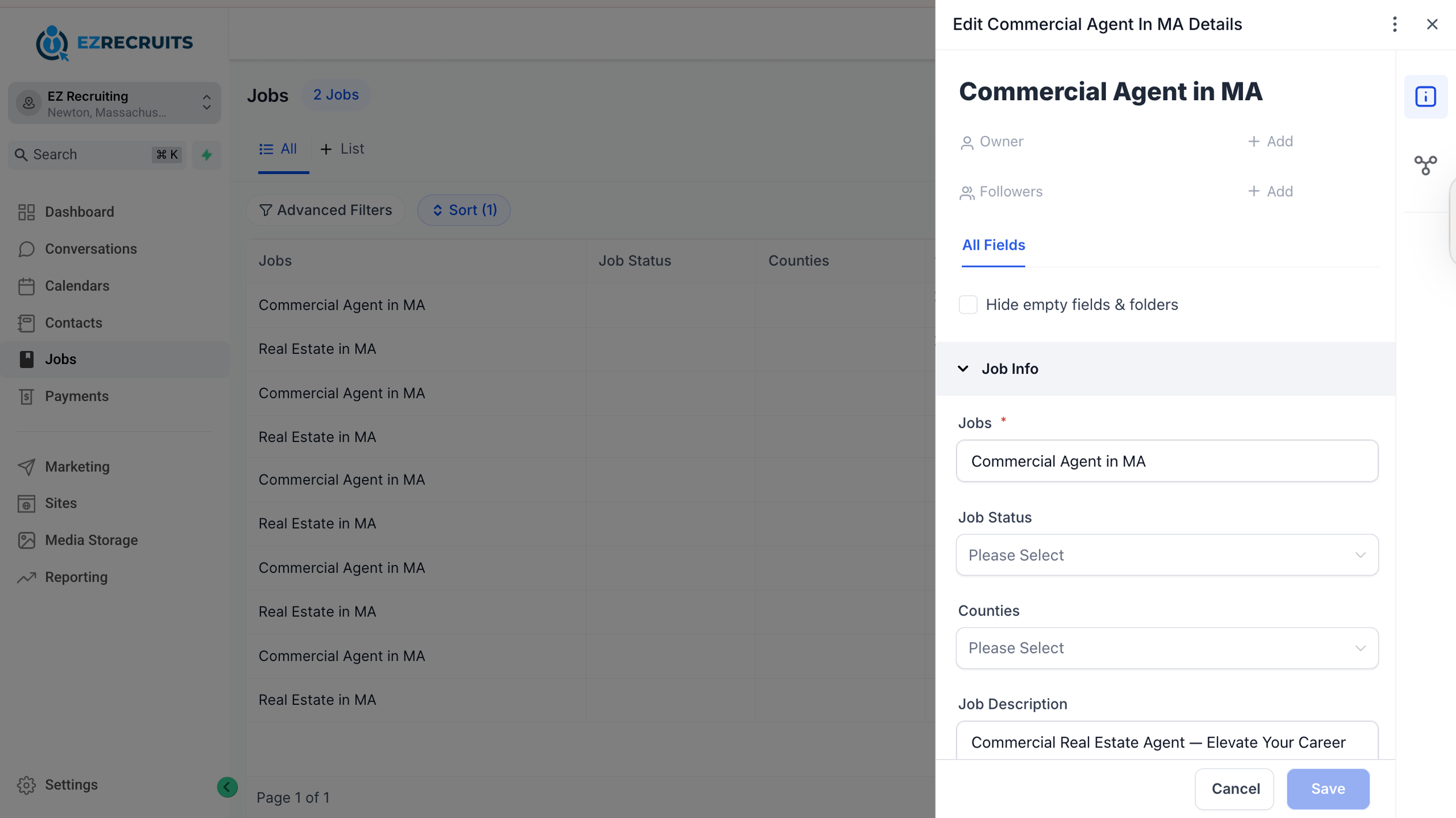 EZ Recruits sourcing view with a loan officer candidate record open beside the candidate list, showing licensed states and funded volume.