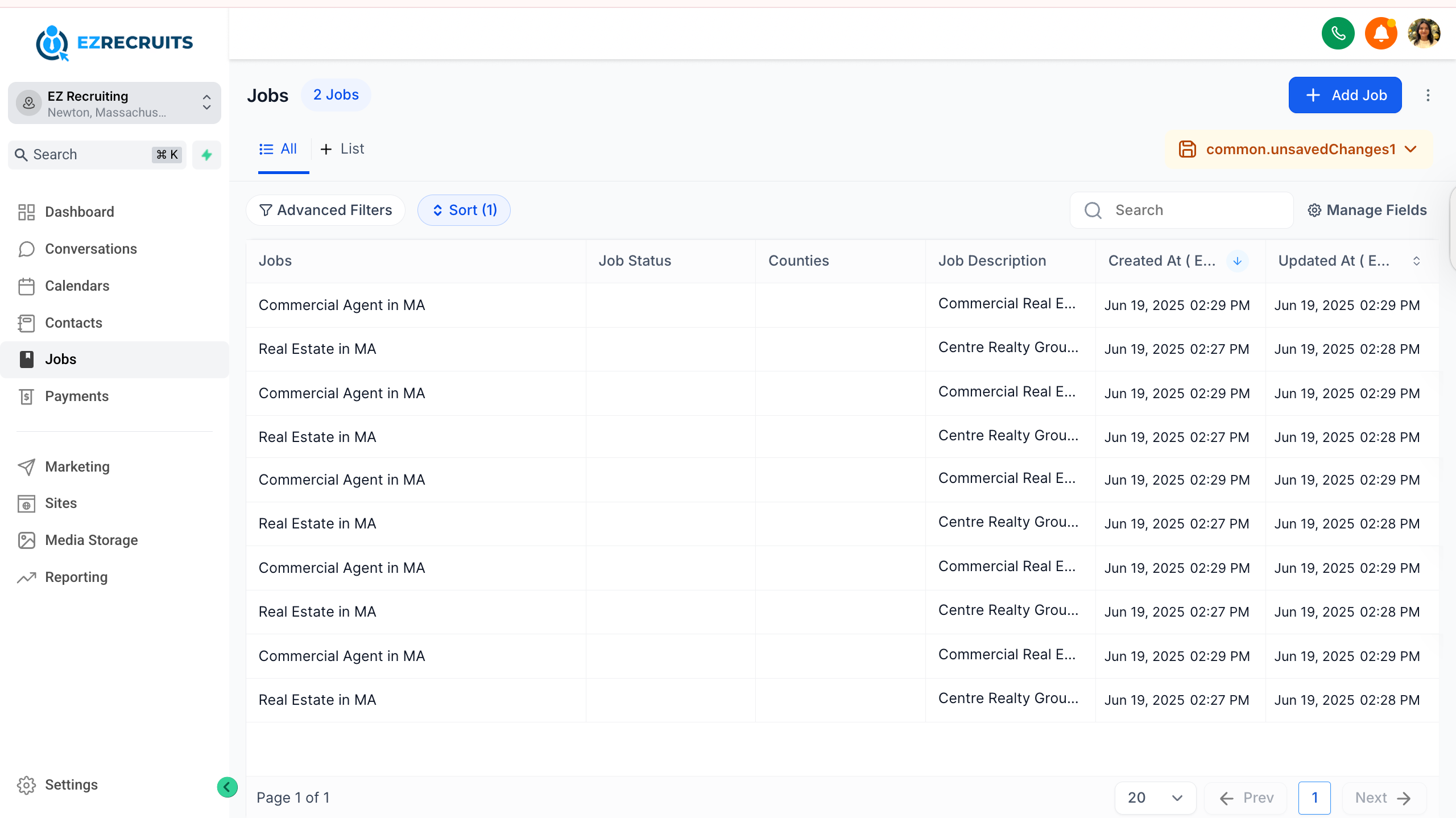 EZ Recruits recruiting CRM showing the jobs list with status, licensed states, description and created dates for open loan officer roles.