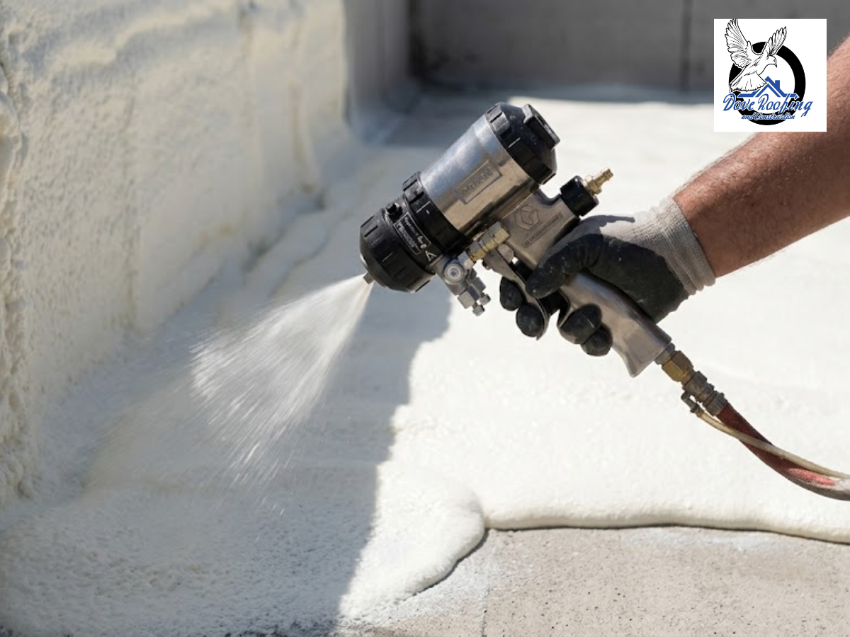 Close-up of a spray foam gun applying expanding foam to a flat roof surface Close-up of a spray foam gun applying expanding foam to a flat roof surface