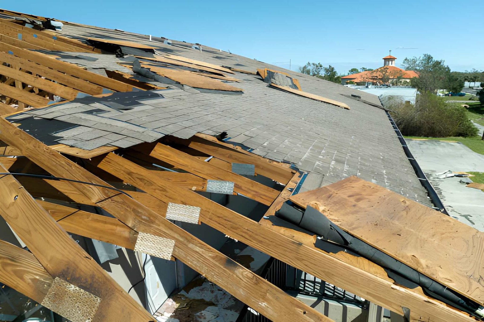 Aerial view of a storm-damaged roof with broken shingles and exposed rafters