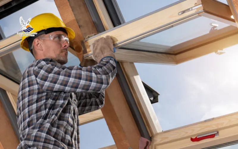 Roofer installing a wood-framed roof window from the exterior
