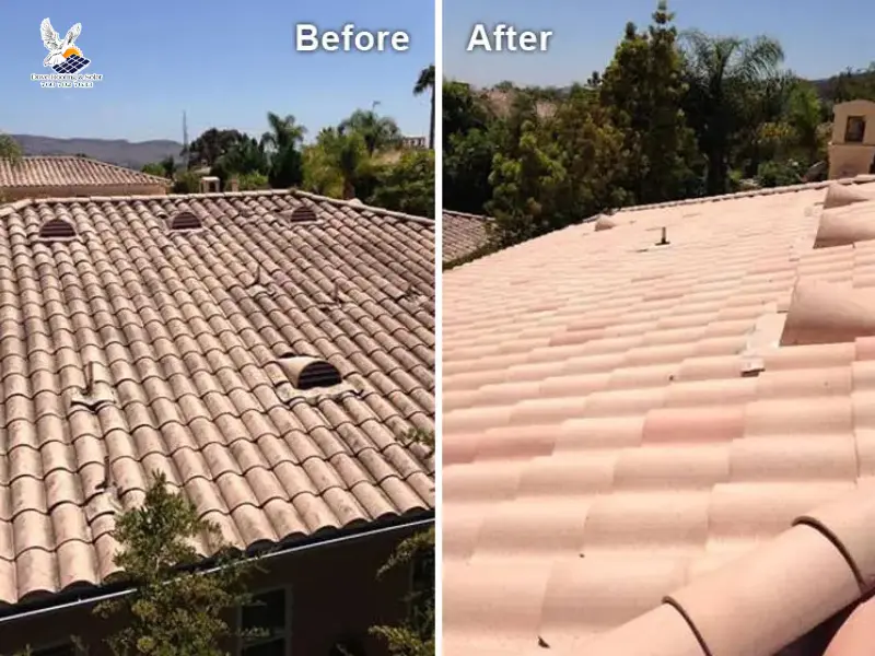 Before and after comparison of a damage clay tile roof repair.