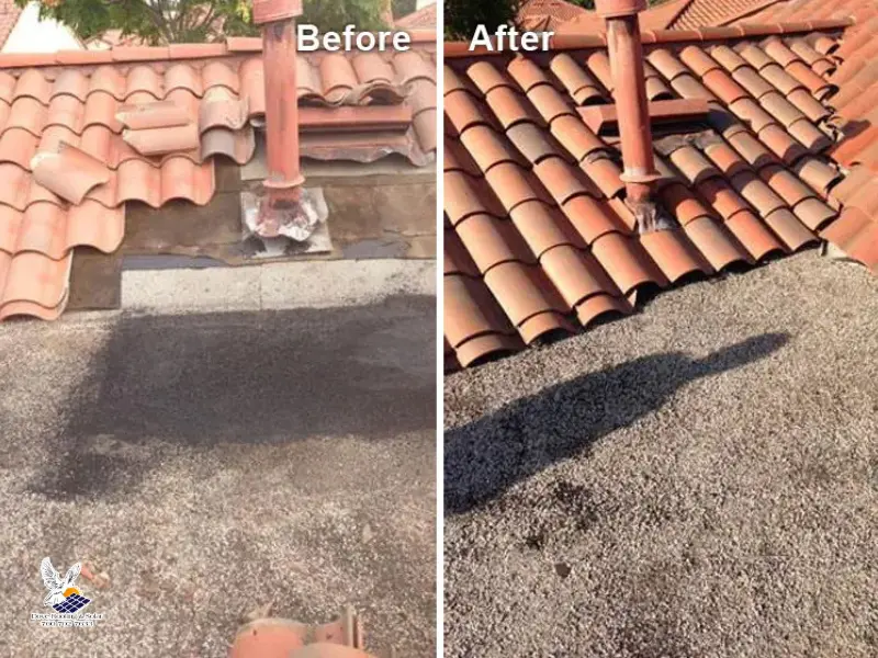 Before and after close-up of tile roof repair around a vent pipe.