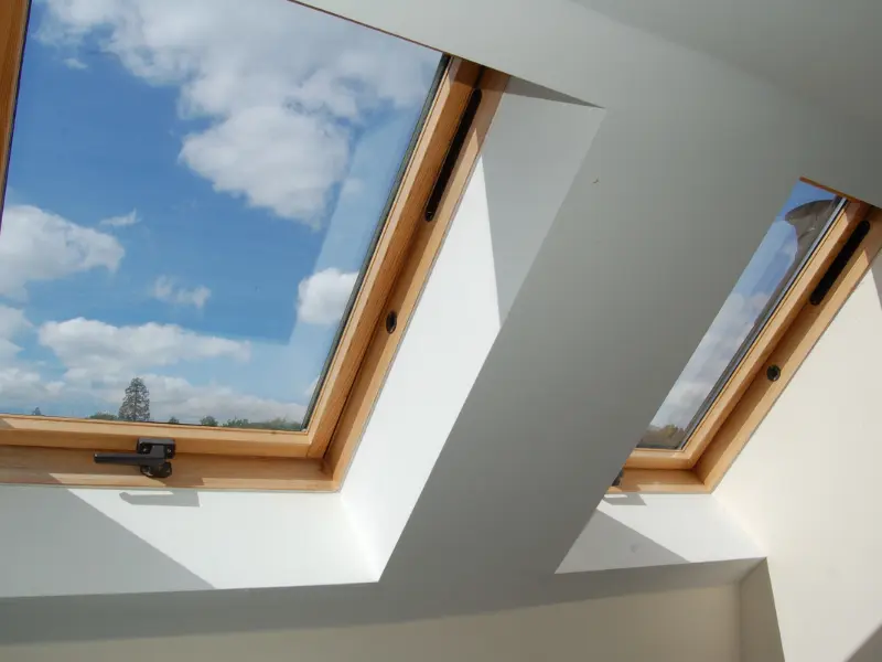 Venting roof windows opened for ventilation, illustrative example. Venting roof windows opened for ventilation, illustrative example.