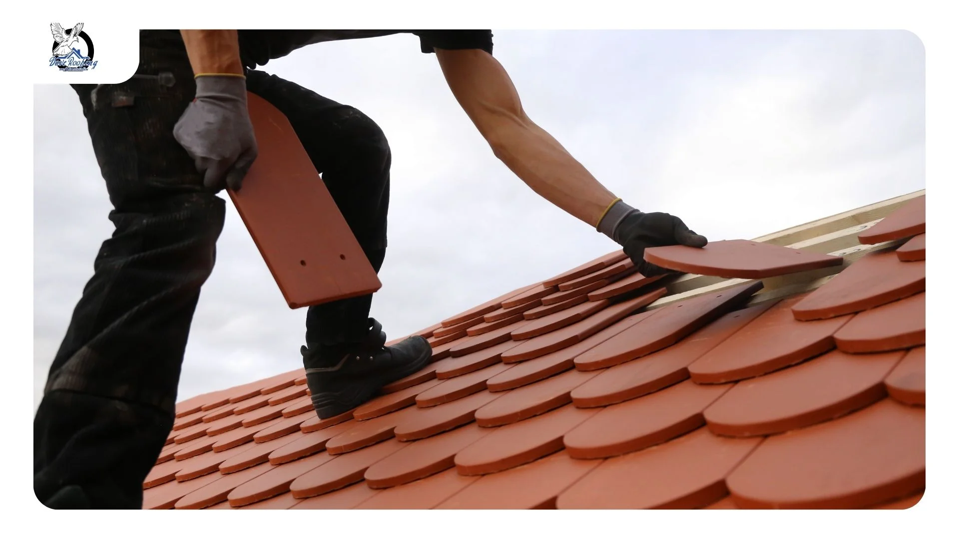 Roofing contractor reviewing a written estimate with homeowners outside a tile-roofed Cathedral City home