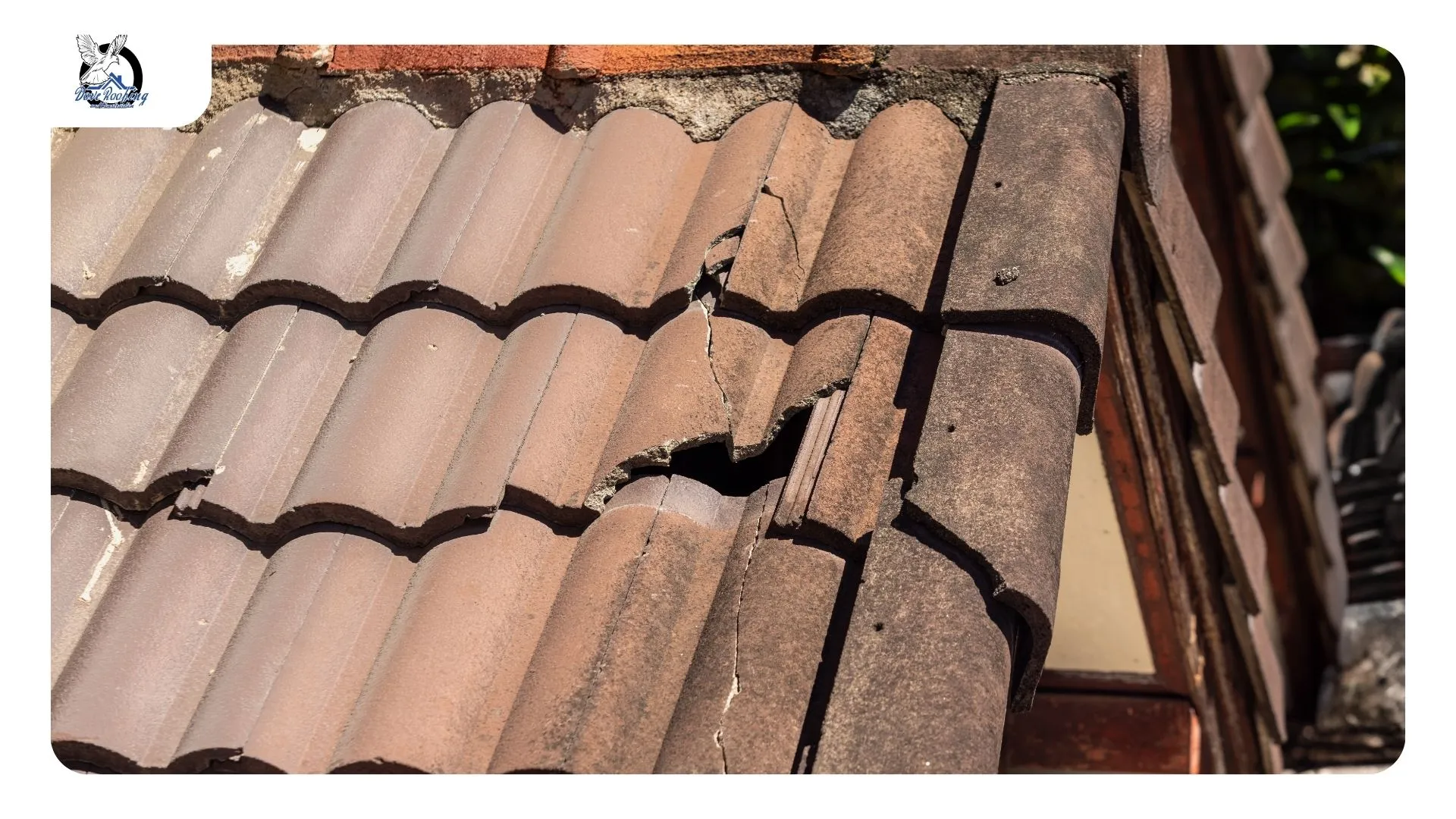 Cracked clay roof tile split across the course on a Desert Hot Springs home, a common roof leak entry point