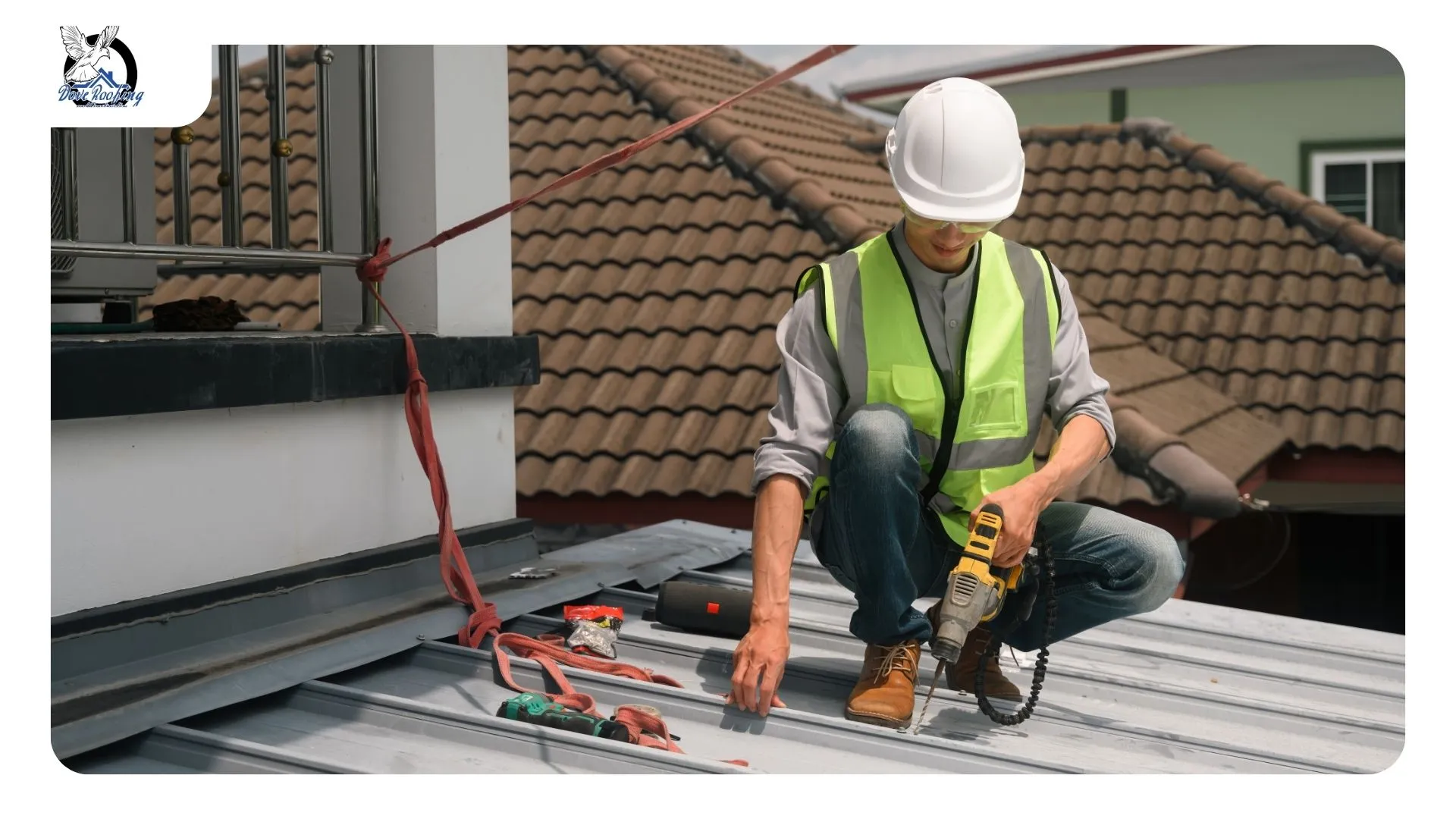 Roofing crew working at first light on a Rancho Mirage home before the heat of the day