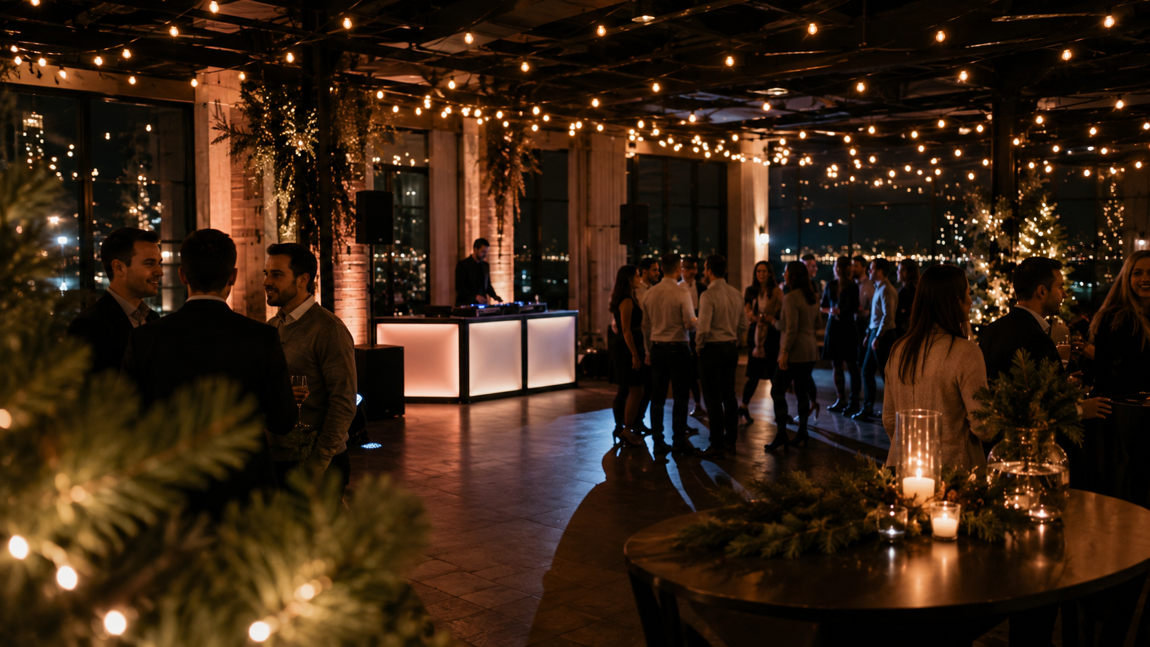 Company holiday party with string lights and a lit DJ booth