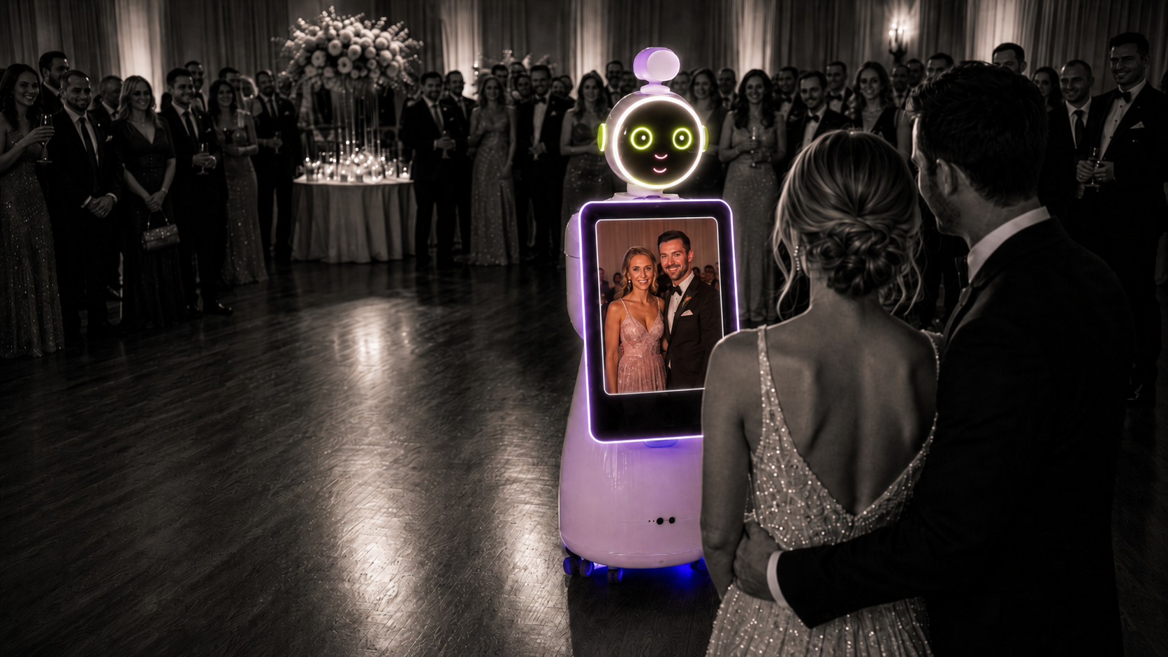 PhotoBot roaming robot photo booth entertaining guests at an elegant New York wedding