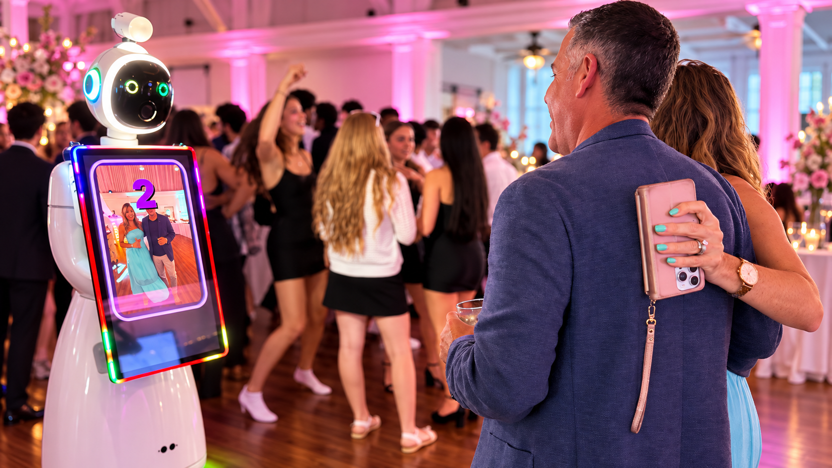 PhotoBot roaming robot photo booth entertaining guests at a celebration