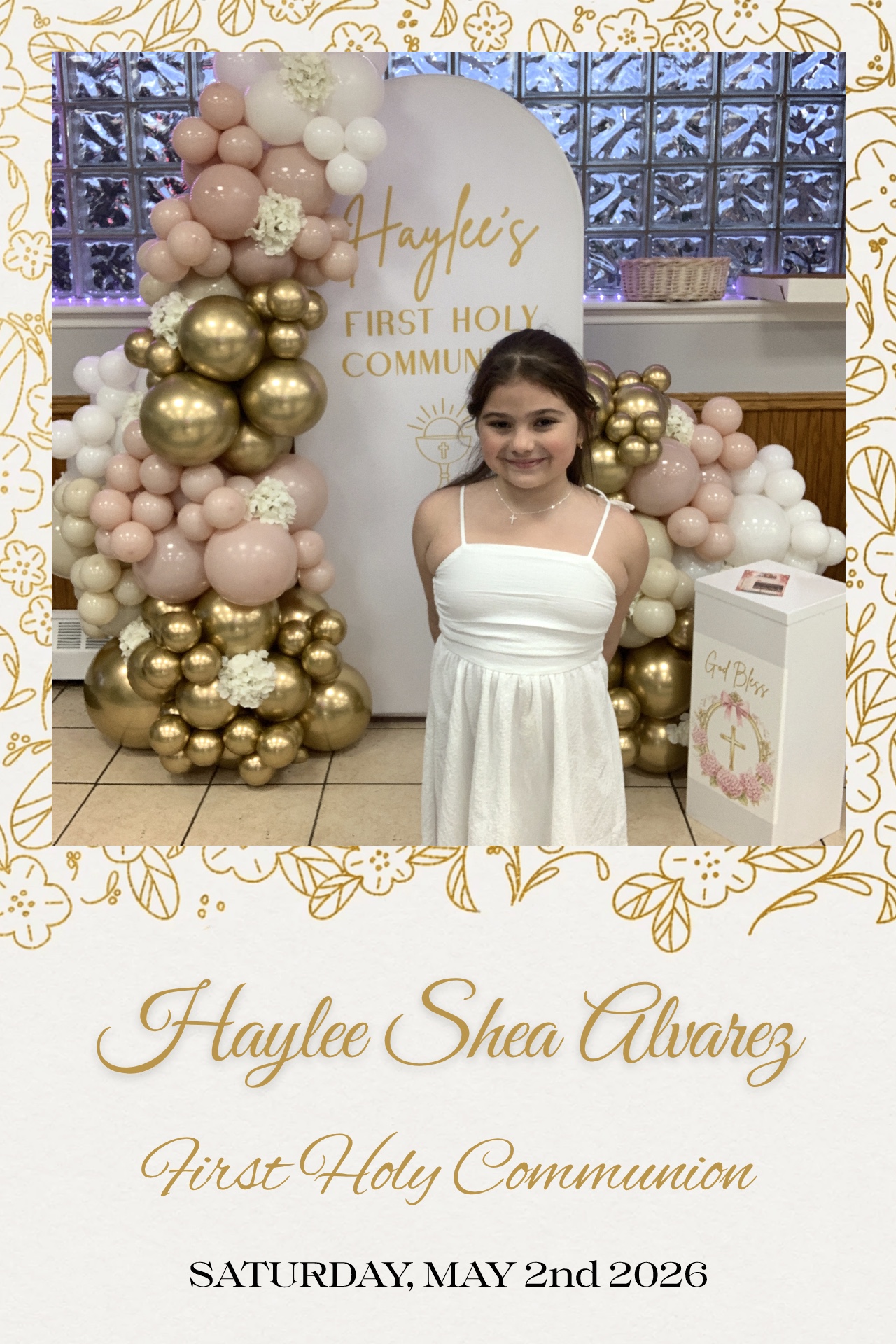 First Holy Communion photo booth print with a gold balloon backdrop
