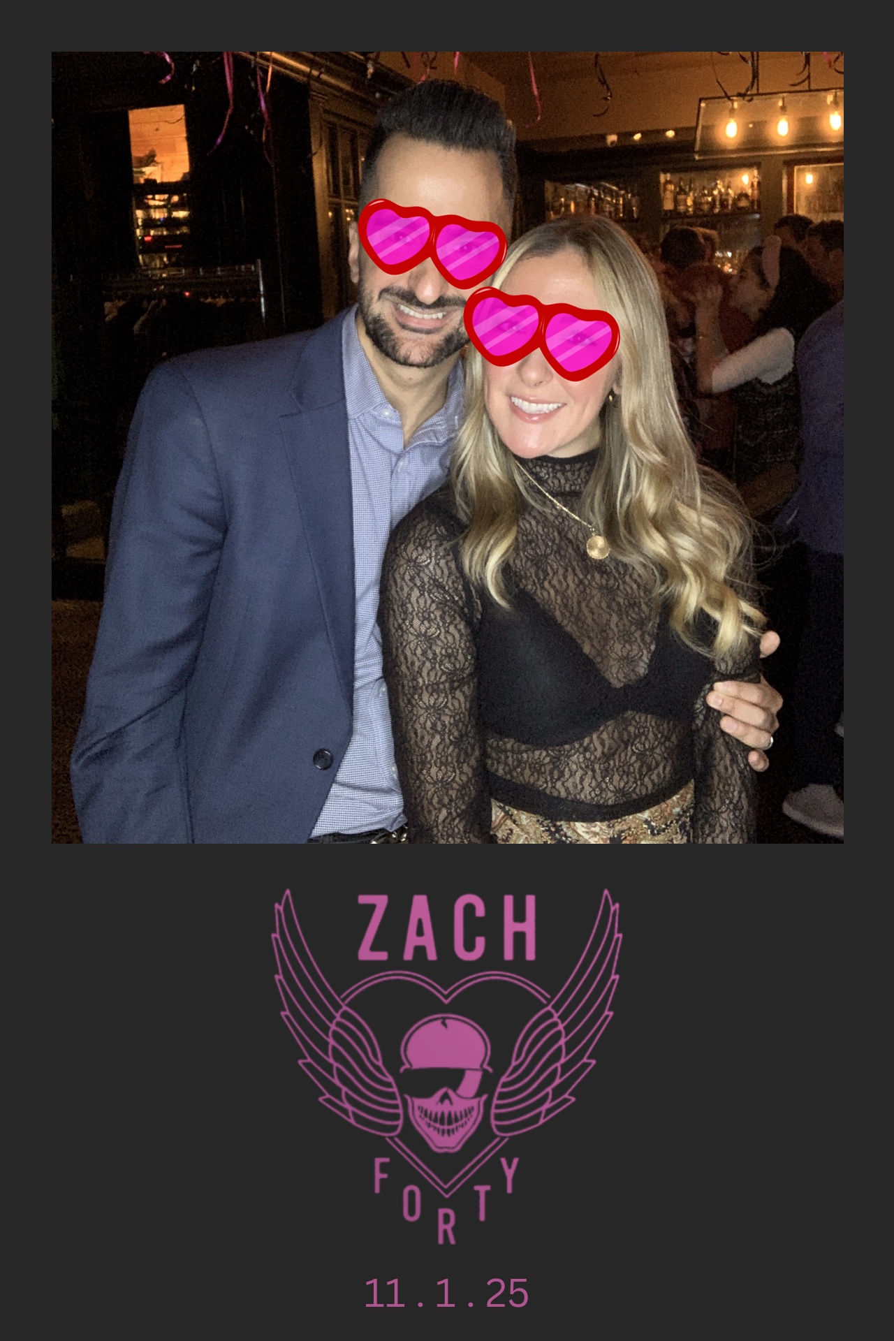 Fortieth birthday photo booth print with heart sunglasses props