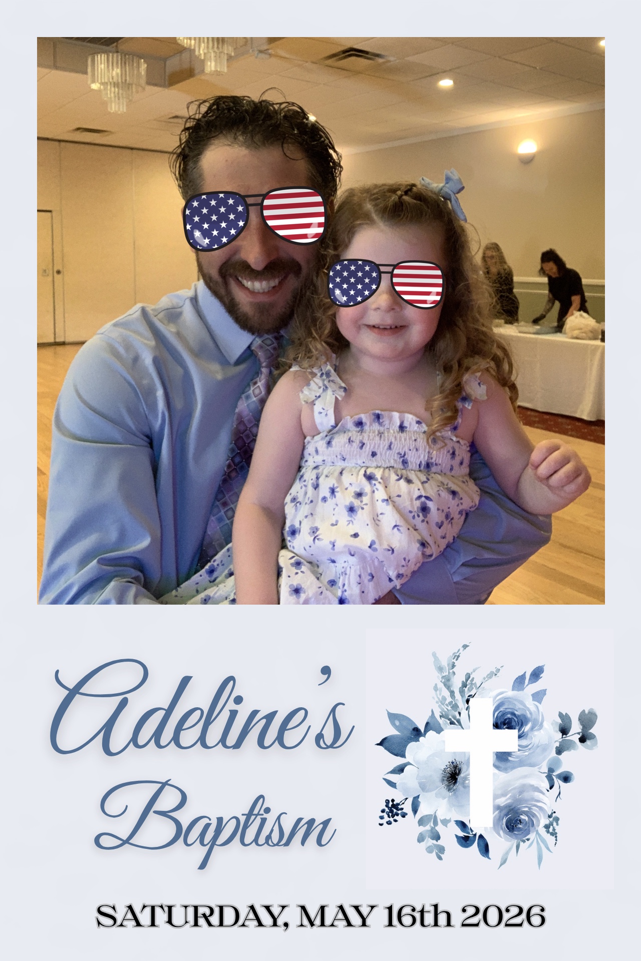 Baptism photo booth print of a father and daughter with flag sunglasses