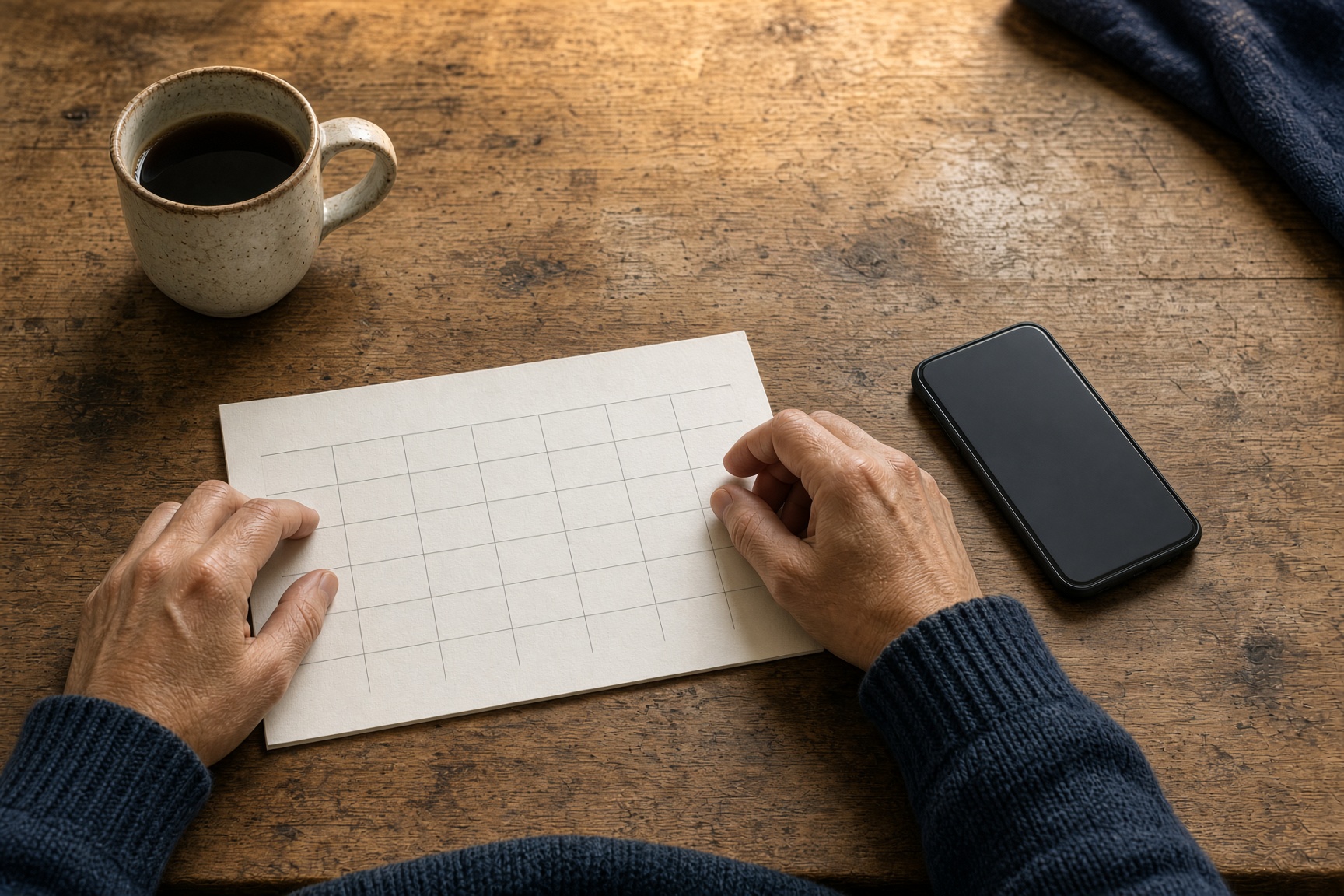 Hands, a paper calendar, and a phone on a wooden desk
