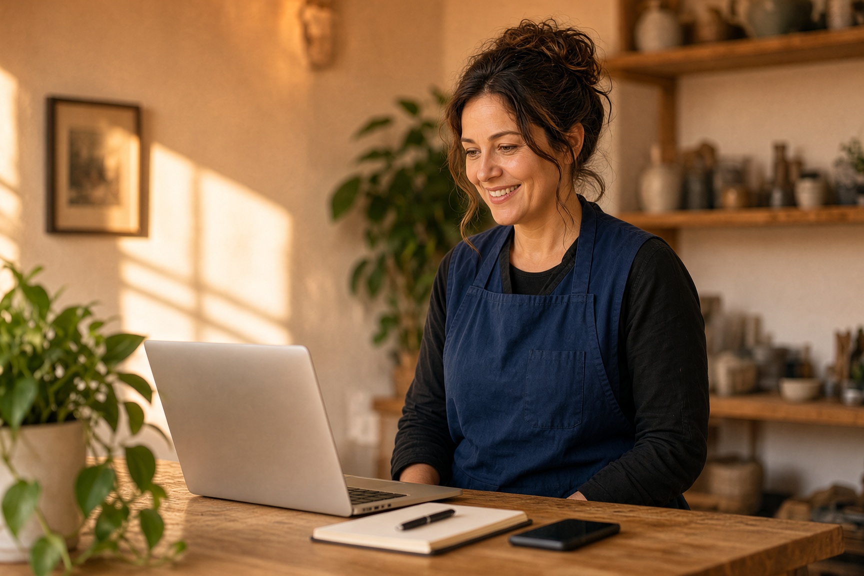 Shop owner at a sunlit counter with a laptop and notebook