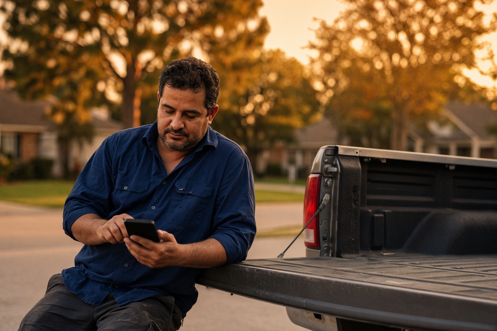 A landscaper with a phone, leaning on a truck at the end of the day