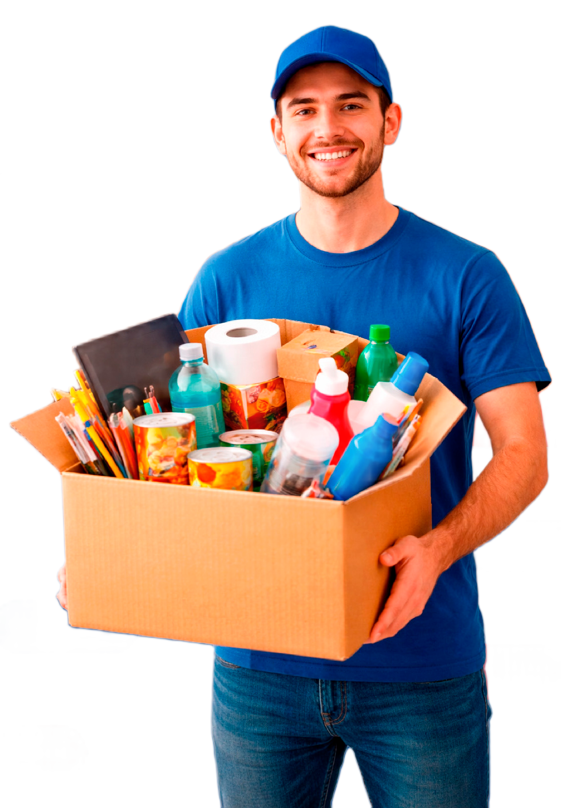 Repartidor profesional con caja de suministros de oficina