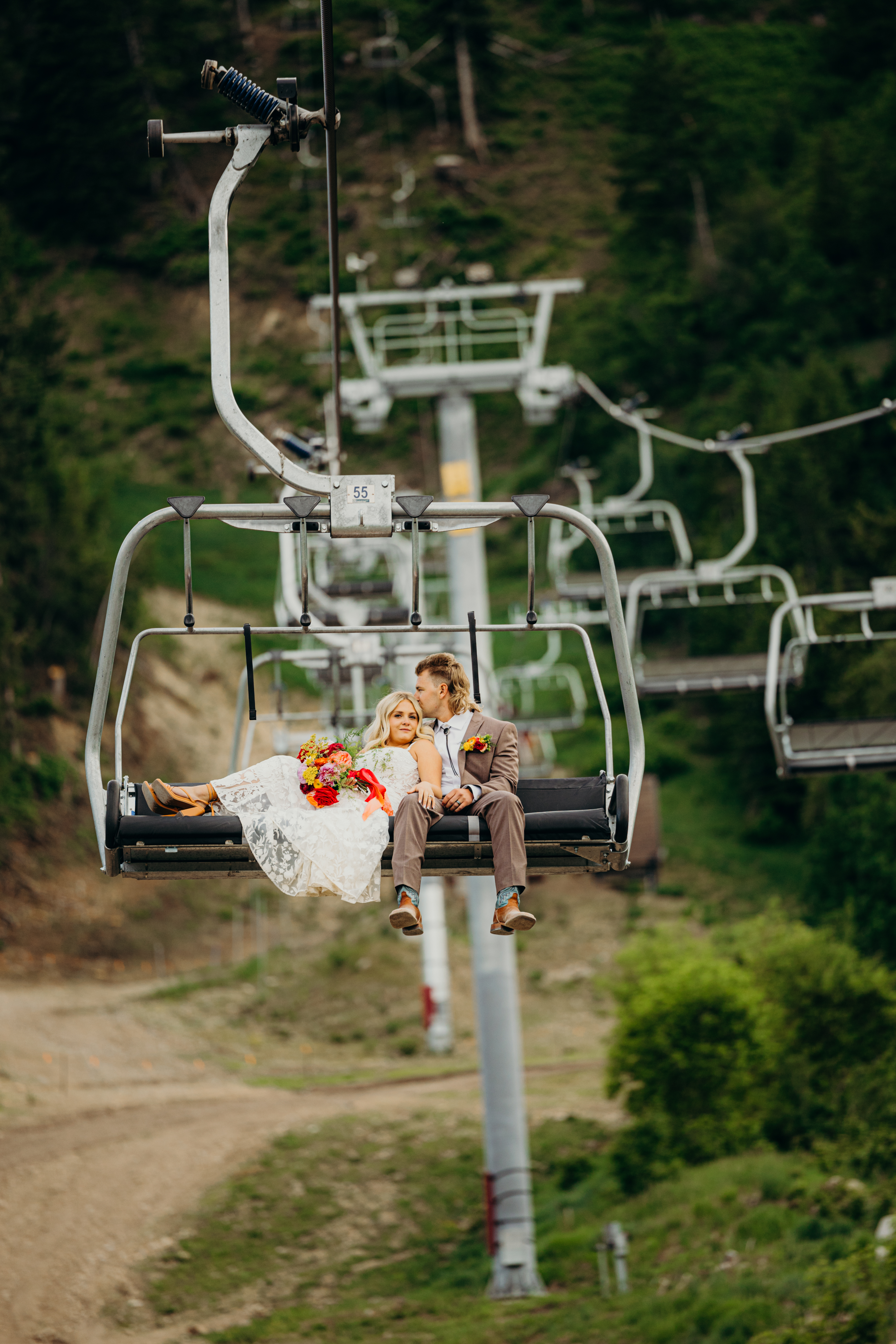 Floral-adorned chairlift at the mountain resort